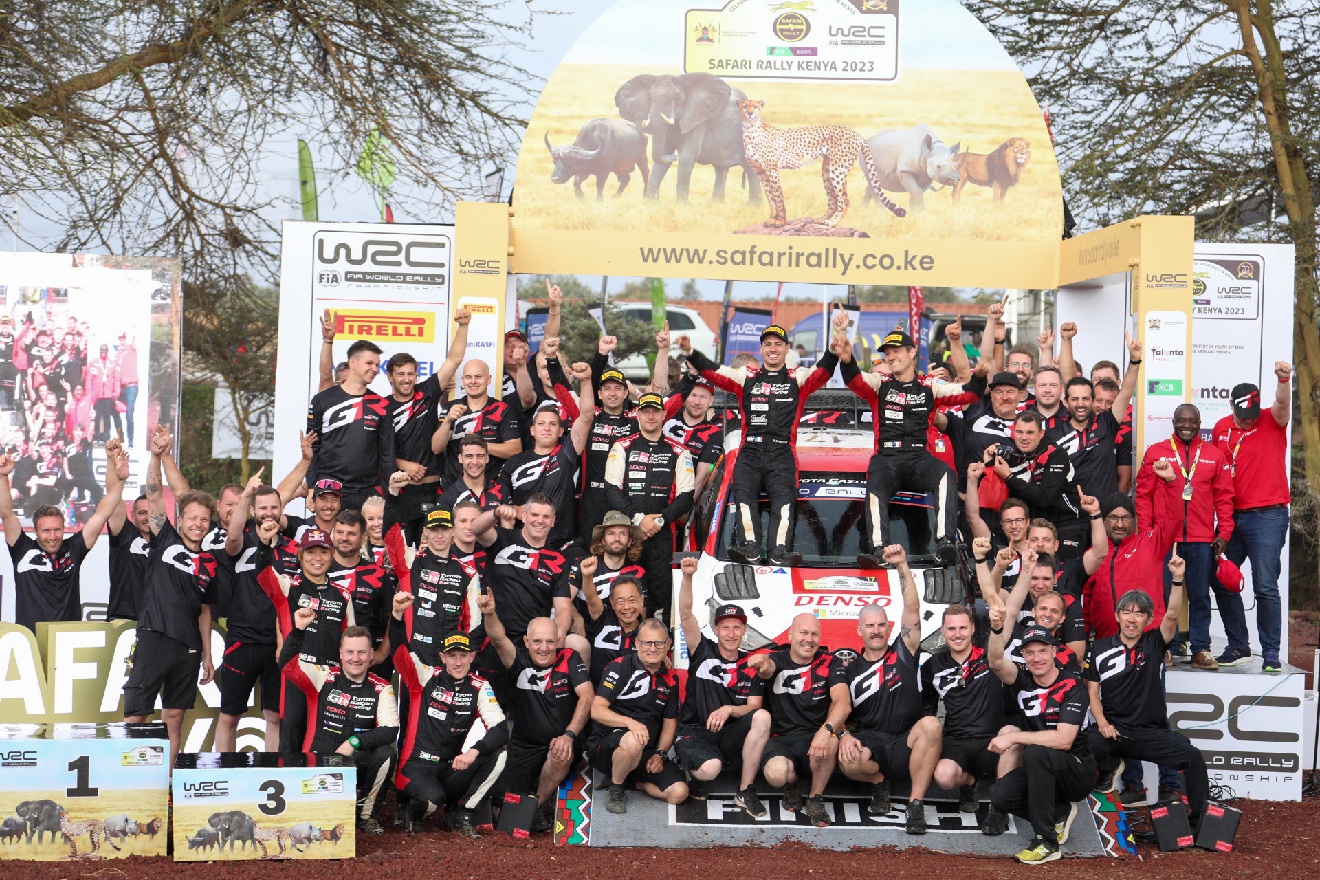 The Toyota Gazoo Racing Team Together with CFAO Motors Kenya celebrate at the podium of the WRC Safari Rally 2023